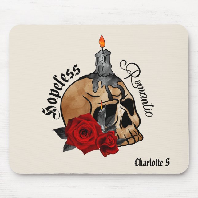 Hopeless Romantic – Gothic Skull, Red Rose Mouse Mat (Front)