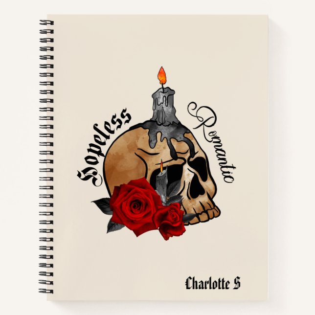 Hopeless Romantic – Gothic Skull, Red Rose Notebook (Front)