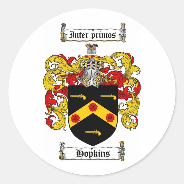 HOPKINS FAMILY CREST -  HOPKINS COAT OF ARMS CLASSIC ROUND STICKER (Front)