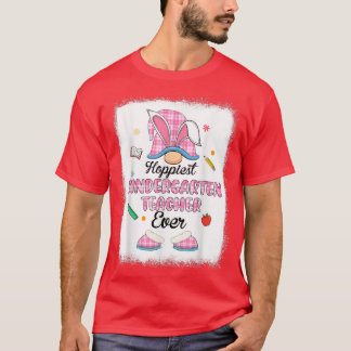 Hoppiest Kindergarten Teacher Ever Plaid Gnome Bun T-Shirt