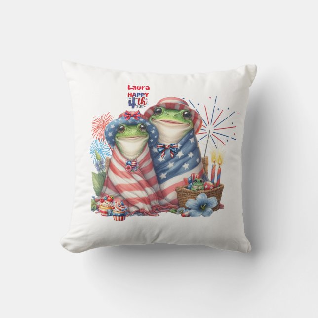 "Hoppy" 4th of July Independence Day Frogs Design Cushion (Front)