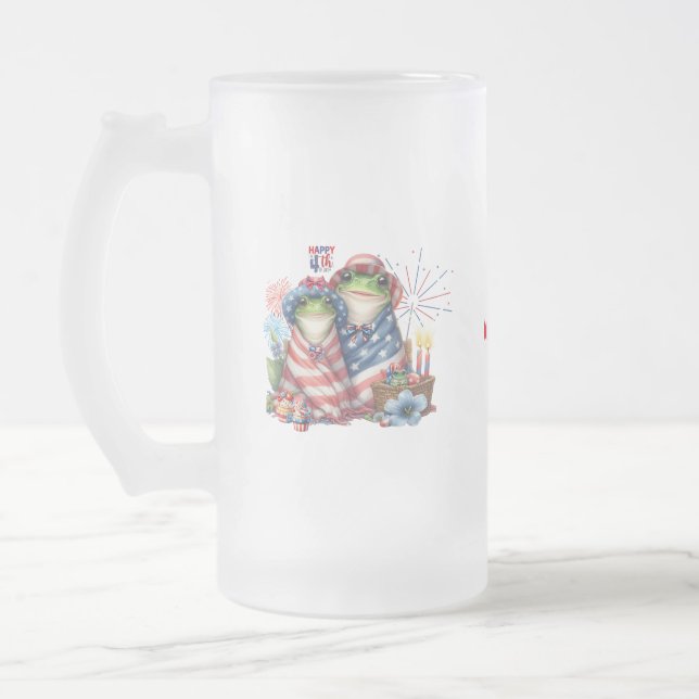 "Hoppy" 4th of July Independence Day Frogs Design Frosted Glass Beer Mug (Left)