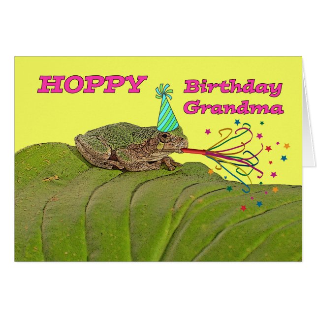 Hoppy Birthday for Grandma Party Frog with Hat (Front Horizontal)