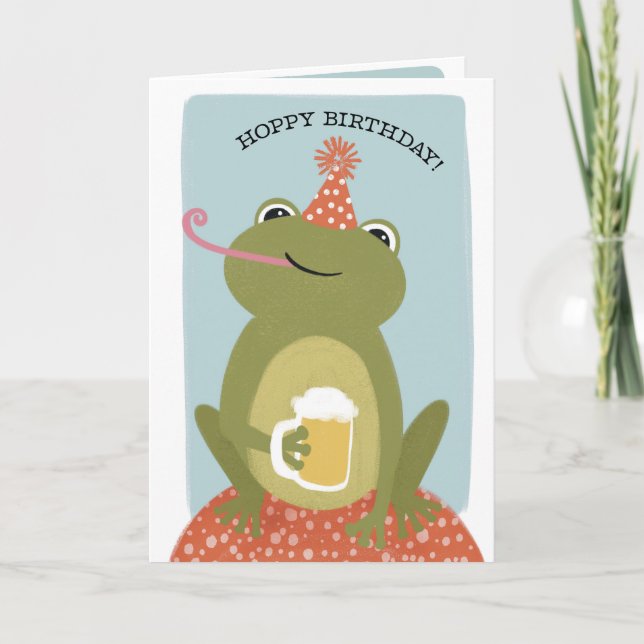 Hoppy Birthday Frog & Beer Punny Birthday Card (Front)
