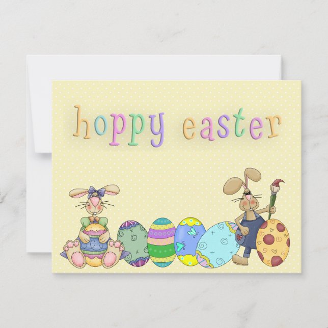 Hoppy Easter Boy And Girl Bunnies Painted Eggs Holiday Card (Front)