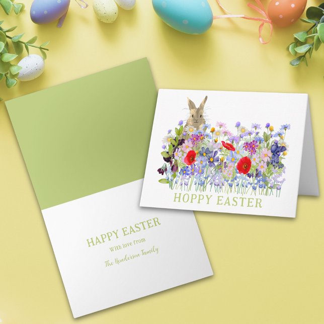 Hoppy Easter Bunny and Wildflowers Boho Card (Personalized hoppy easter cute bunny watercolor wildflower meadow spring floral holiday card)