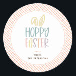 Hoppy Easter Bunny Ears Classic Round Sticker<br><div class="desc">Hoppy Easter Sticker. Cute and colourful,  playful typography with bunny ear accent and spring orange pattern border.</div>