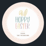 Hoppy Easter Bunny Ears Classic Round Sticker<br><div class="desc">Hoppy Easter Sticker. Cute and colourful,  playful typography with bunny ear accent and spring orange pattern border.</div>