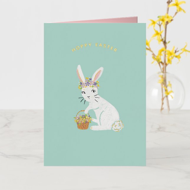 Hoppy Easter Bunny Foil Holiday Card (Yellow Flower)