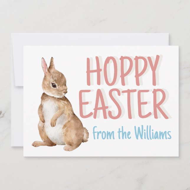 Hoppy Easter Bunny Rabbit Personalised Cute Pink Holiday Card (Front)