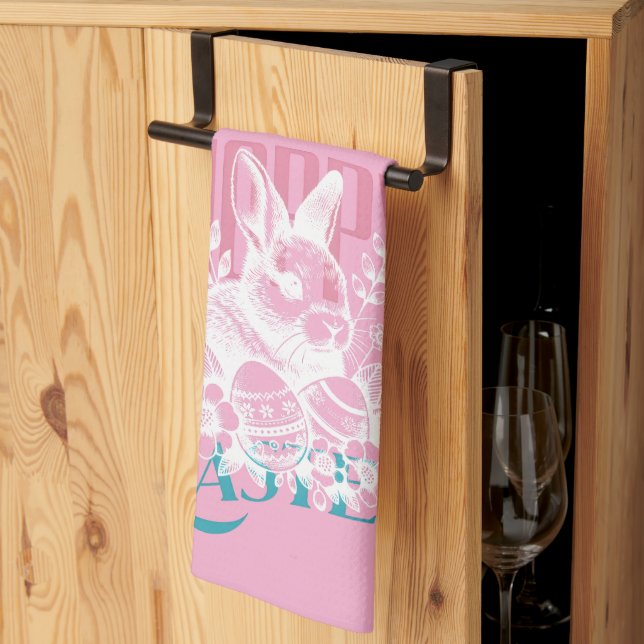 Hoppy Easter Bunny Stamp Pink Tea Towel (Thirds Fold)