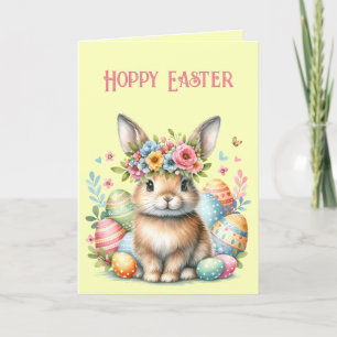 Hoppy Easter Bunny with Easter Eggs, Flowers Card