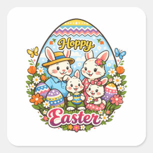 Hoppy Easter Colorful Cartoon Bunny Family Graphic Square Sticker
