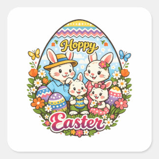 Hoppy Easter Colorful Cartoon Bunny Family Graphic Square Sticker