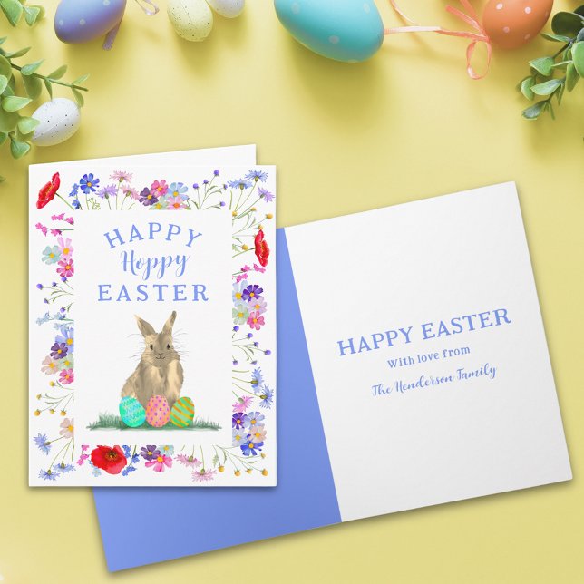 Hoppy Easter Cute Bunny and Eggs Boho Floral Card (Personalized happy hoppy Easter cute bunny watercolor wildflower spring floral folded holiday card)