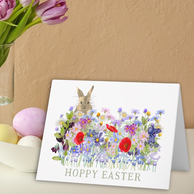 Hoppy Easter Cute Bunny and Wildflowers Card (Hoppy Easter bunny and wildflower watercolor custom folded holiday greetings card)