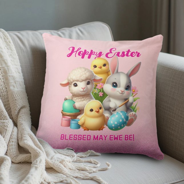 Hoppy Easter Cute Bunny Chicks Lamb Painting Eggs Cushion (Hoppy Easter Throw Pillow Cover Photo)