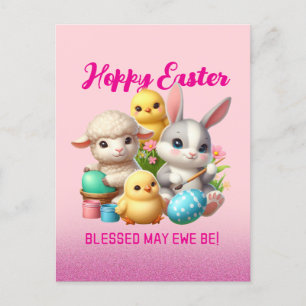 Hoppy Easter Cute Bunny Chicks Lamb Painting Eggs Holiday Postcard