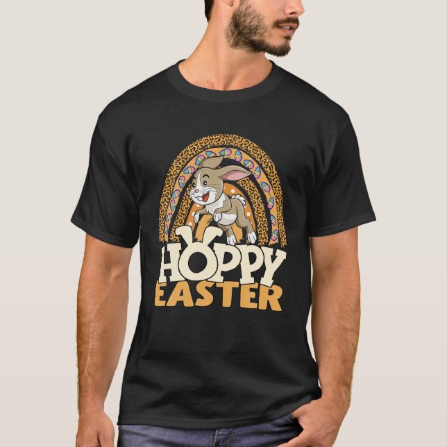 Hoppy Easter Day Bunny Jumping Over Leopard Rainbo T-Shirt (Front)