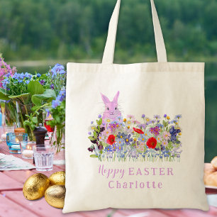 Hoppy Easter Egg Hunt Pink Bunny Wildflowers Name Tote Bag