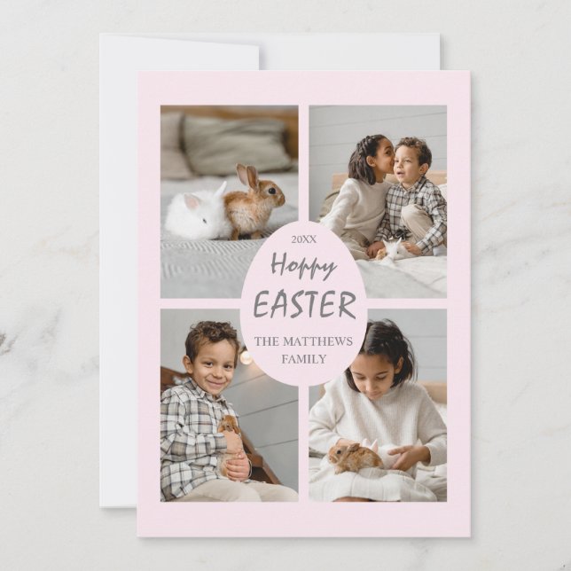 Hoppy Easter Holiday Photo Card. Pink Egg and Back (Front)