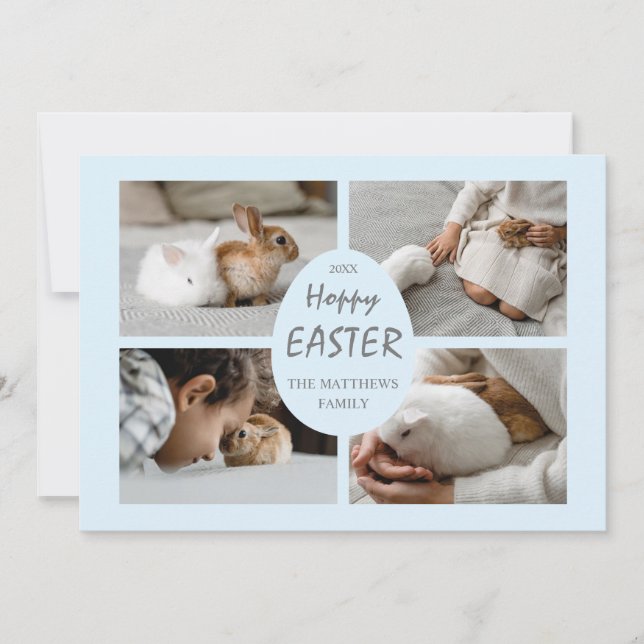 Hoppy Easter Photo Card. Light Blue Background. Holiday Card (Front)