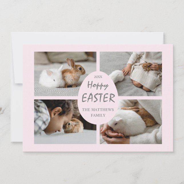 Hoppy Easter Photo Holiday Card. Light Pink Back (Front)