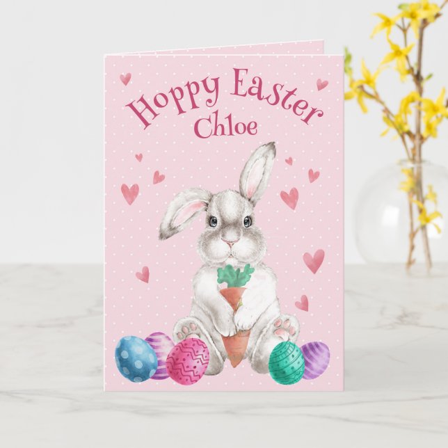 HOPPY EASTER Watercolor Bunny Personalised Card (Yellow Flower)