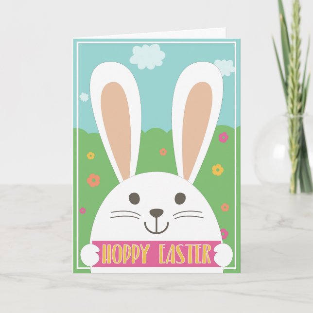 "hoppy Easter" with white bunny greeting card (Front)