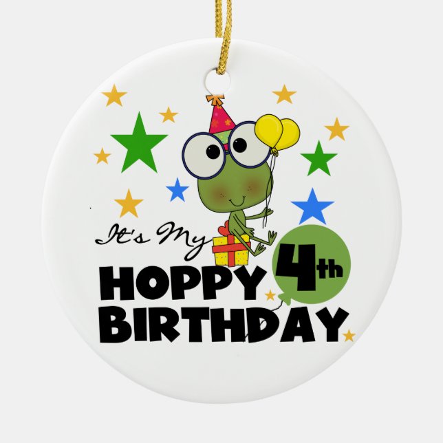 Hoppy Frog 4th Birthday T-shirts and Gifts Ceramic Tree Decoration (Front)