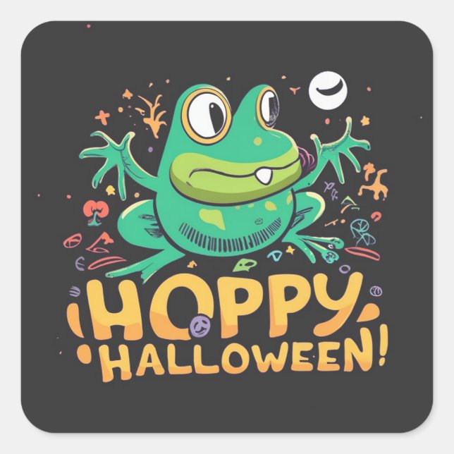 Hoppy Halloween, Adorable Cute Cartoon Frog Square Sticker (Front)