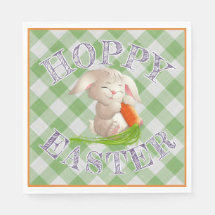 Hoppy Happy Easter Bunny Green Gingham Pattern Napkin