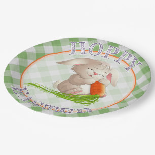 Hoppy Happy Easter Bunny Green Gingham Pattern Paper Plate
