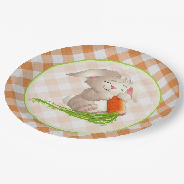 Hoppy Happy Easter Bunny Orange Gingham Pattern Paper Plate (Angled)
