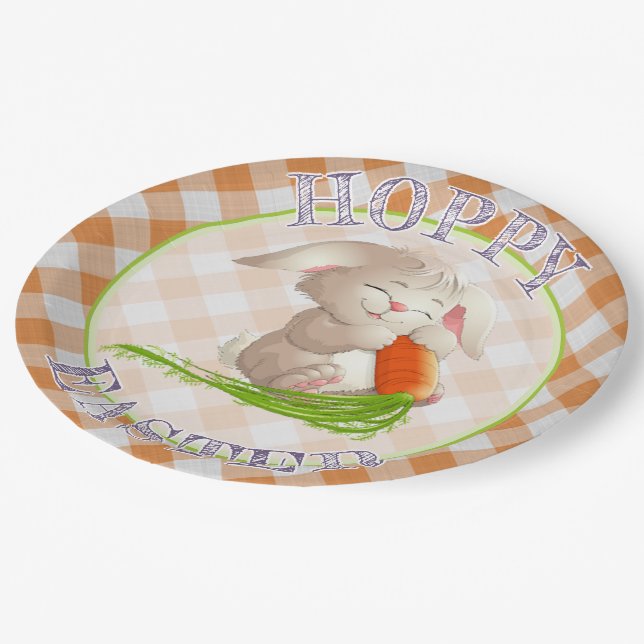 Hoppy Happy Easter Bunny Orange Gingham Pattern Paper Plate (Angled)