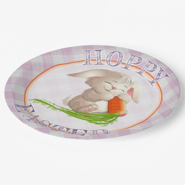 Hoppy Happy Easter Bunny Pink Gingham Pattern Paper Plate (Angled)