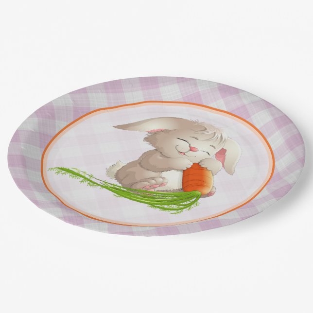 Hoppy Happy Easter Bunny Pink Gingham Pattern Paper Plate (Angled)