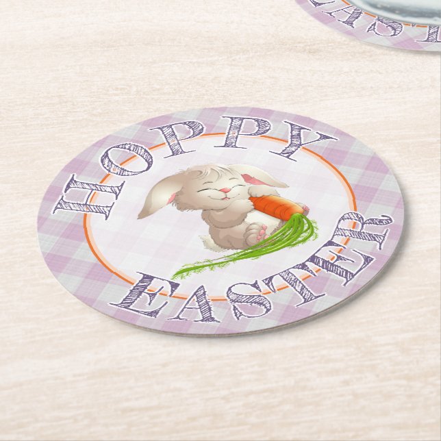 Hoppy Happy Easter Bunny Pink Gingham Pattern Round Paper Coaster (Angled)