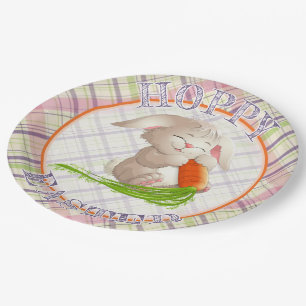 Hoppy Happy Easter Bunny Stripes And Plaid Pattern Paper Plate