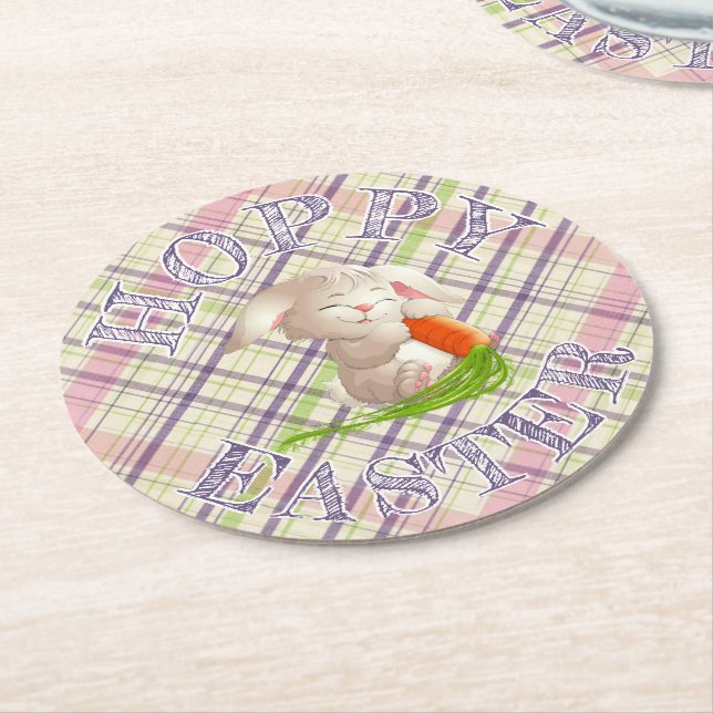 Hoppy Happy Easter Bunny Stripes And Plaid Pattern Round Paper Coaster (Angled)