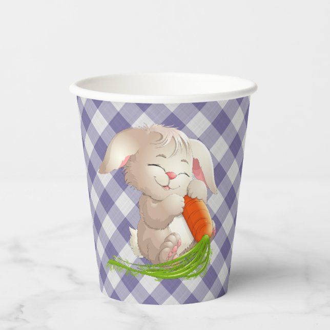 Hoppy Happy Easter Bunny Violet Gingham Pattern Pa Paper Cups (Front)