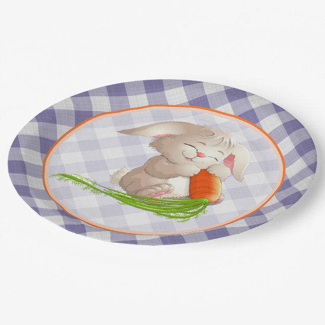 Hoppy Happy Easter Bunny Violet Gingham Pattern Paper Plate (Angled)