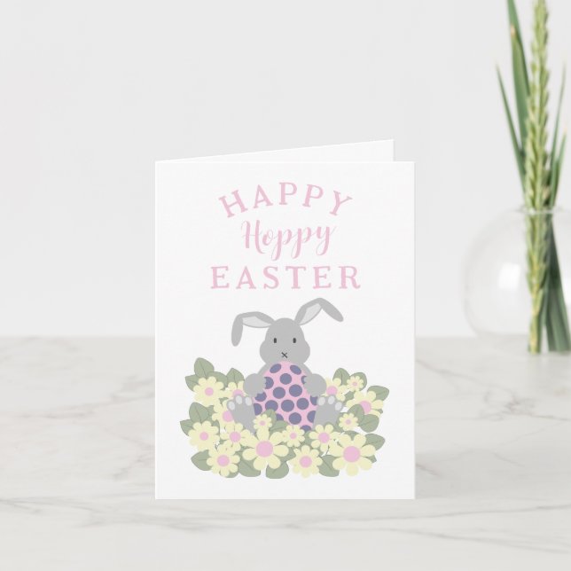 Hoppy Happy Easter Cute Bunny Floral Holiday Card (Front)