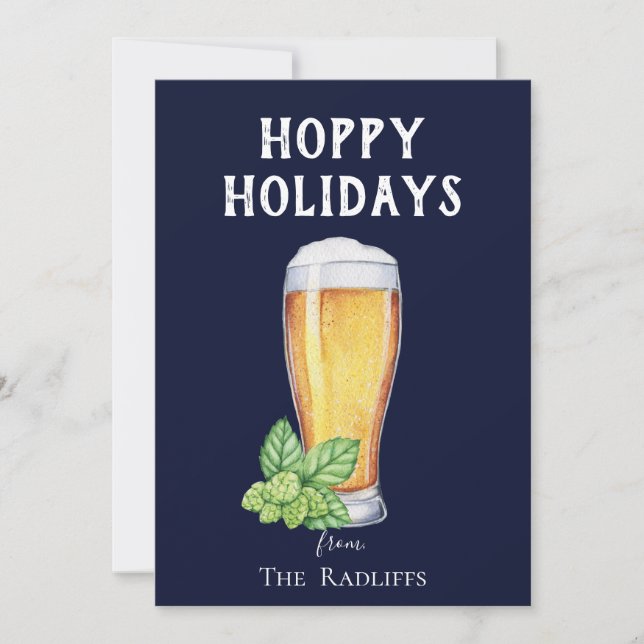 Hoppy Holidays Beer Glass Flat Blue Holiday Card (Front)