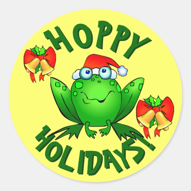 Hoppy Holidays Cartoon Christmas Frog Bows Bells Classic Round Sticker (Front)