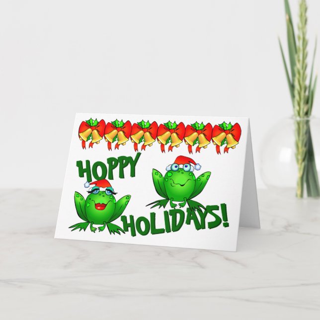 Hoppy Holidays Cartoon Christmas Frogs Bows Bells Holiday Card (Front)