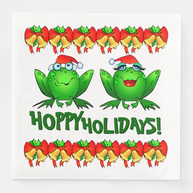 Hoppy Holidays Cartoon Christmas Frogs Bows Bells Napkin (Front)
