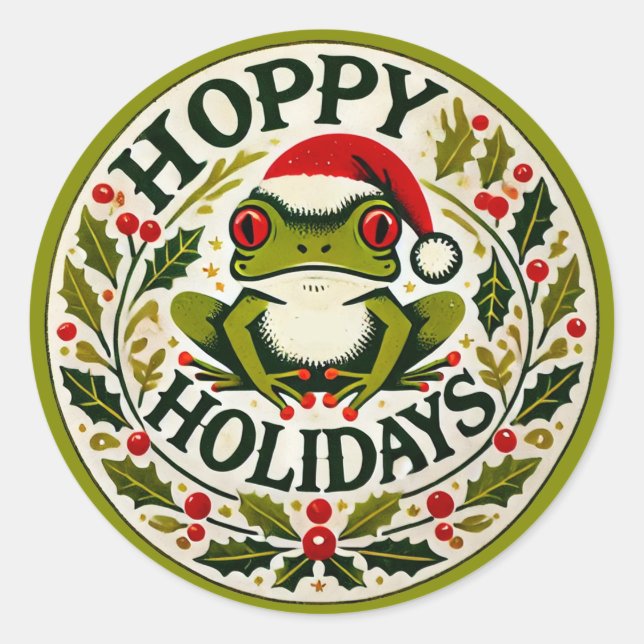 Hoppy Holidays Frog Christmas                      Classic Round Sticker (Front)