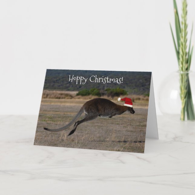Hoppy Merry Christmas Kangaroo Red Santa Hat Card (Front)