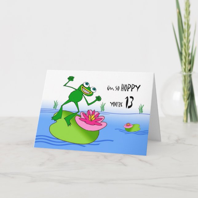 Hoppy Thirteenth 13th Birthday, Funny Frog at Pond Card (Front)